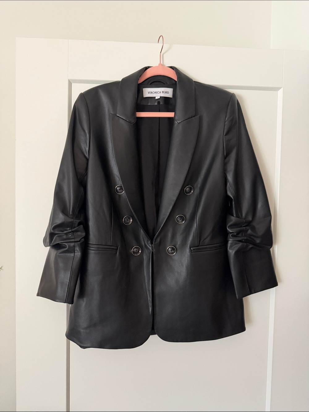 Veronica Beard Black Faux Leather Double-Breasted Jacket